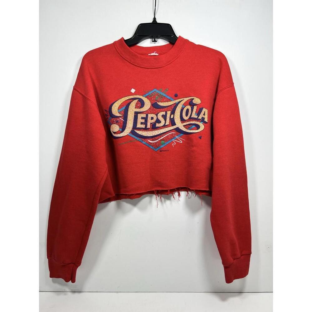 Vtg 1980s Pepsi Cola Apparel Red Logo Sweatshirt Cropped Sz S Cursive Retro